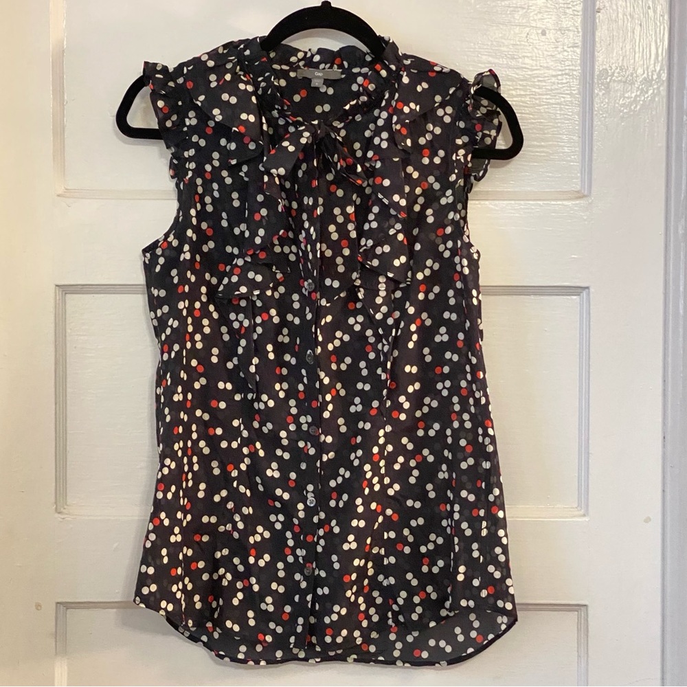 Triple Ruffle Tie Neck Silk Polka Dot Button Down Tank Size Small